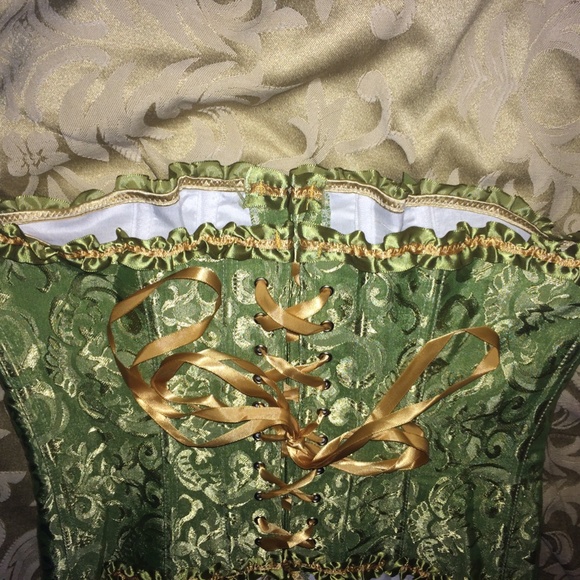 Ladies sexy cotton corset, brocade green, satin ribbons, with boning siz… - Picture 6 of 8